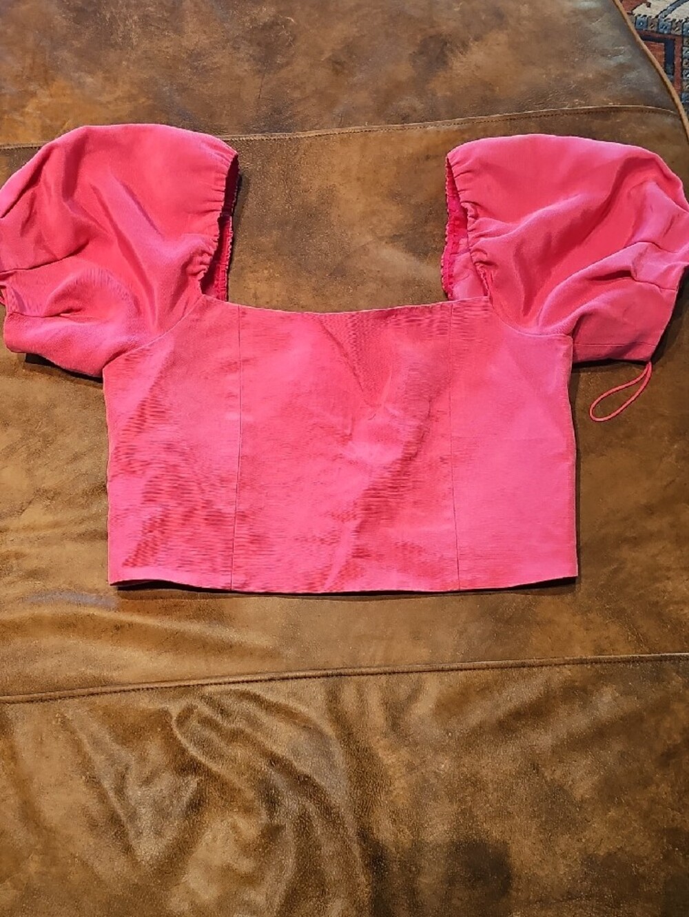 Alice + Olivia Hot Pink Square Neck Puff Sleeve Crop Top